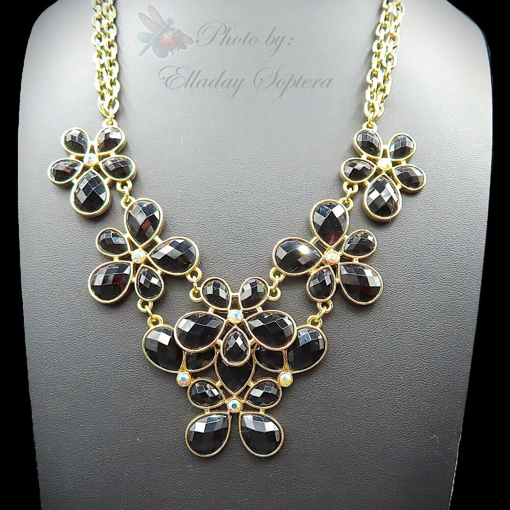 Black Floral Gold Tone Statement Necklace